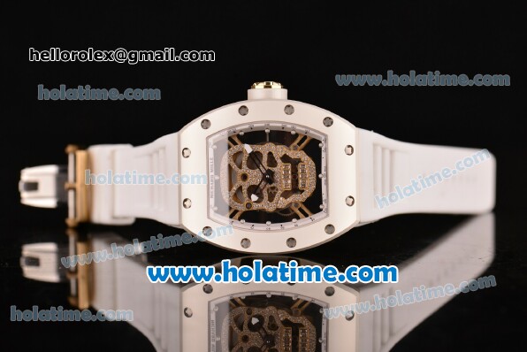 Richard Mille RM 52-01 Miyota 6T51 Automatic Yellow Gold Case with Diamonds Skull Dial and White Rubber Bracelet - Click Image to Close